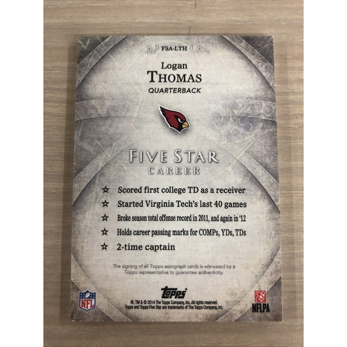 2014 Topps Five Star Logan Thomas Auto