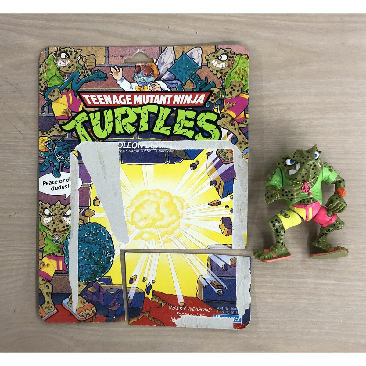 1991 TMNT Golden Swamp Surfin’ Sewer Toad Figure + Cardback