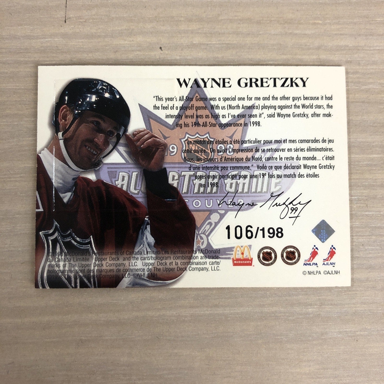 1998 Upper Deck Canadian McDonald’s Wayne Gretzky Game Used Jersey /198