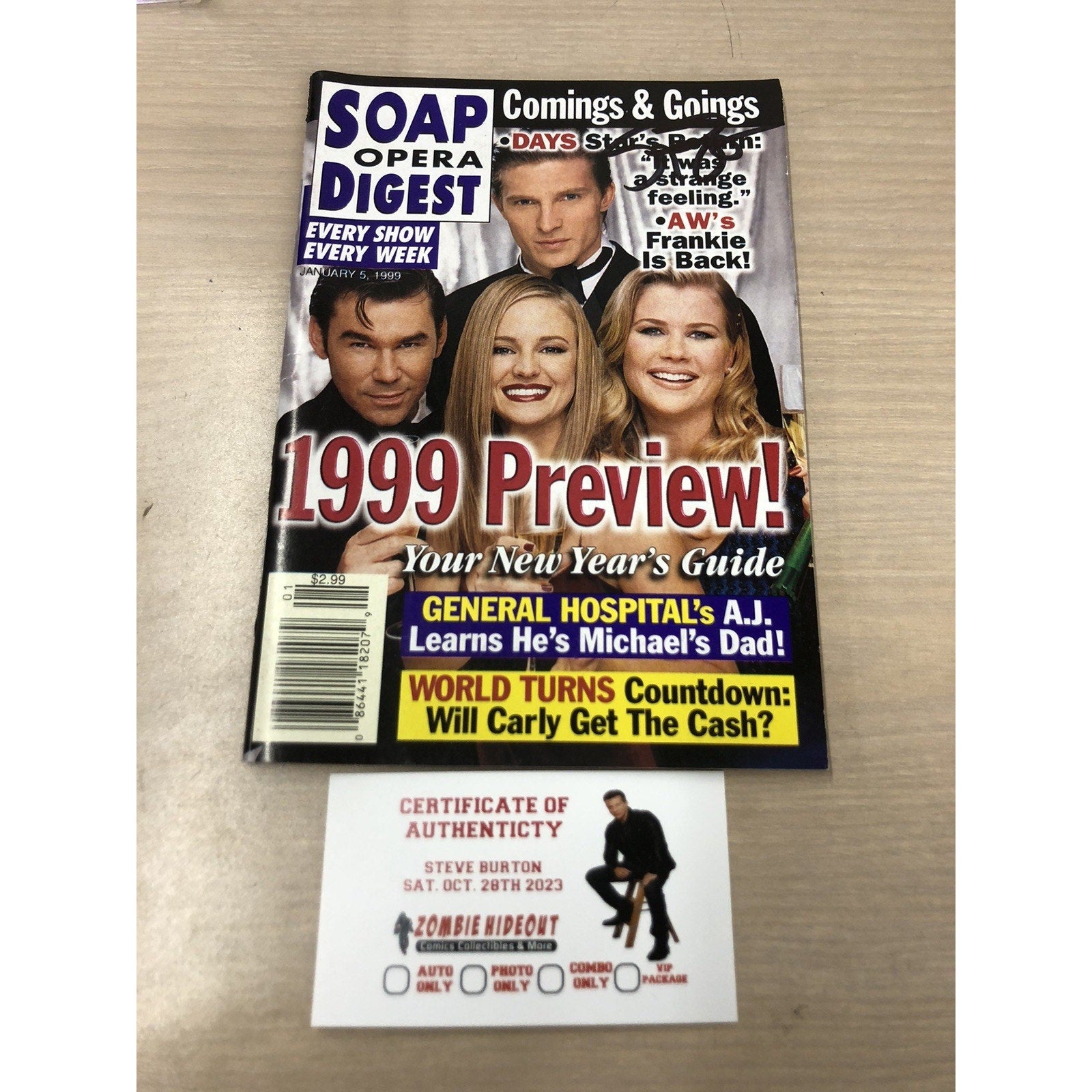 STEVE BURTON SIGNED SOAP OPERA DIGEST JANUARY 5, 1999 GENERAL HOSPITAL AUTO CoA