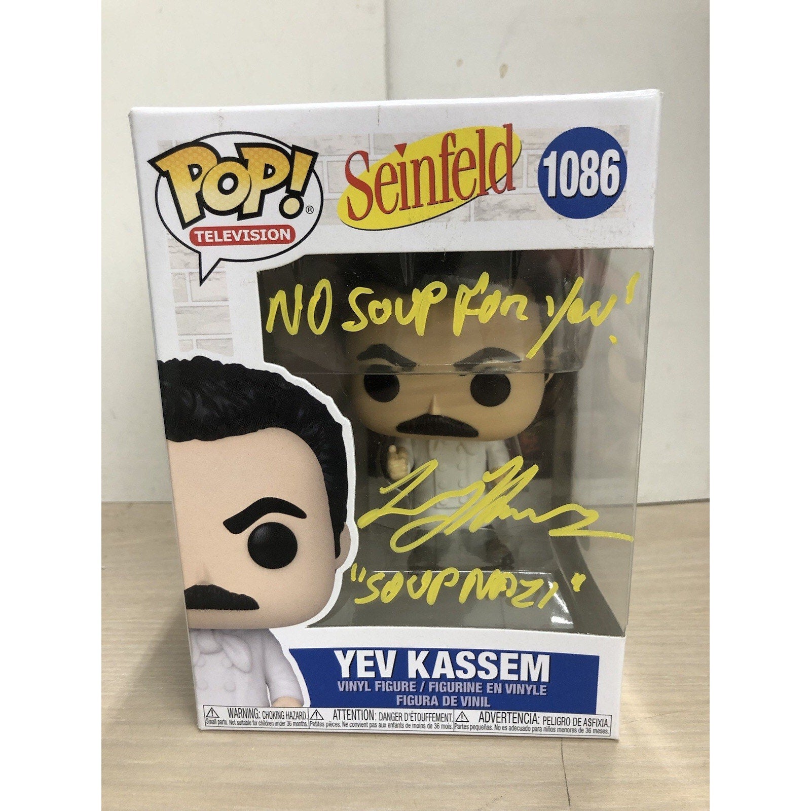 Larry Thomas Signed Yev Kassem Funko Pop #1086 Soup Nazi JSA CoA w/ Inscriptions
