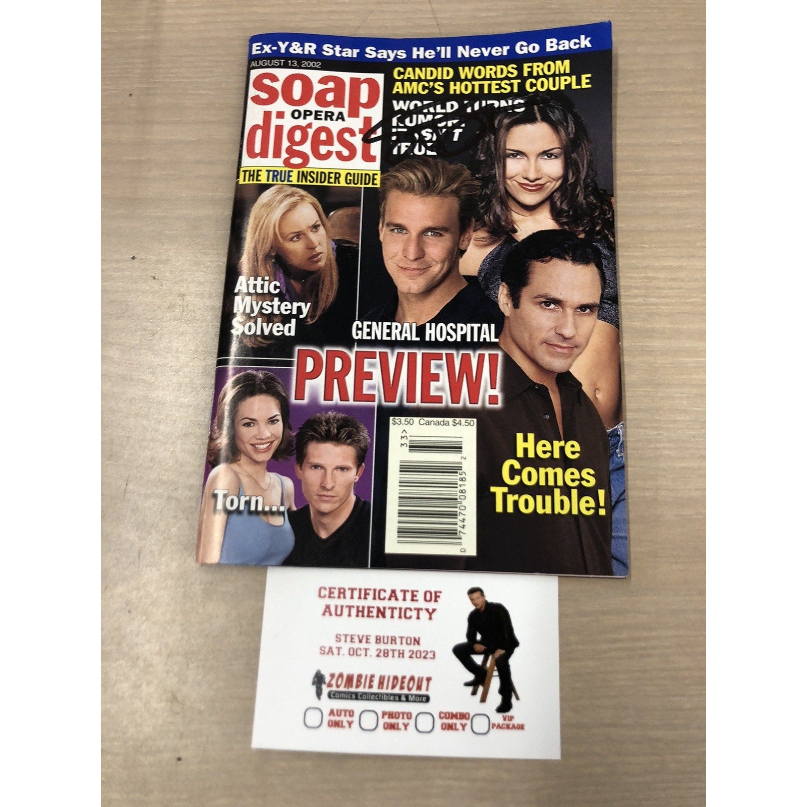 STEVE BURTON SIGNED SOAP OPERA DIGEST AUGUST 13, 2002 GENERAL HOSPITAL AUTO CoA