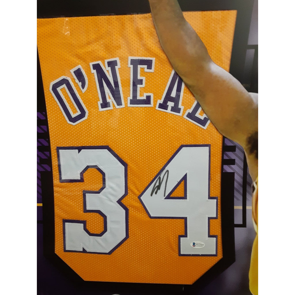 Framed Autographed/Signed Shaquille Shaq O'Neal 27x39 LA Yellow Jersey Beckett
