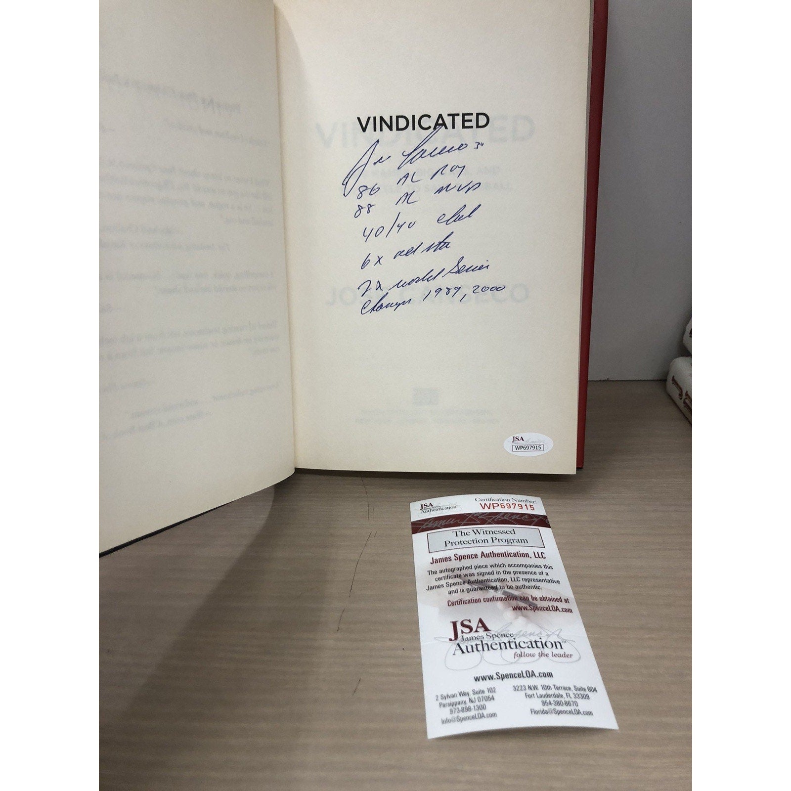 Jose Canseco VINDICATED Autographed Signed Book Baseball “career Highlights” JSA