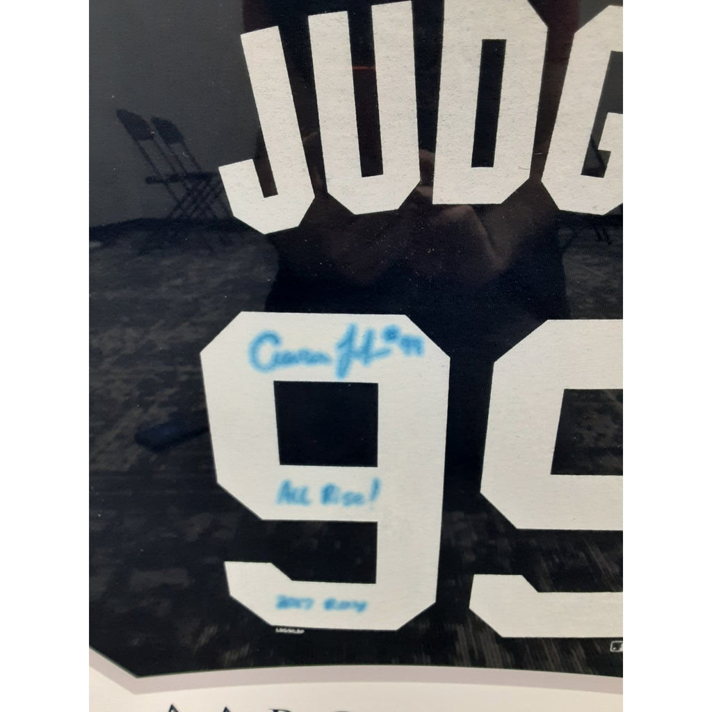 Framed Autographed 27x39 Aaron Judge Jersey With COA