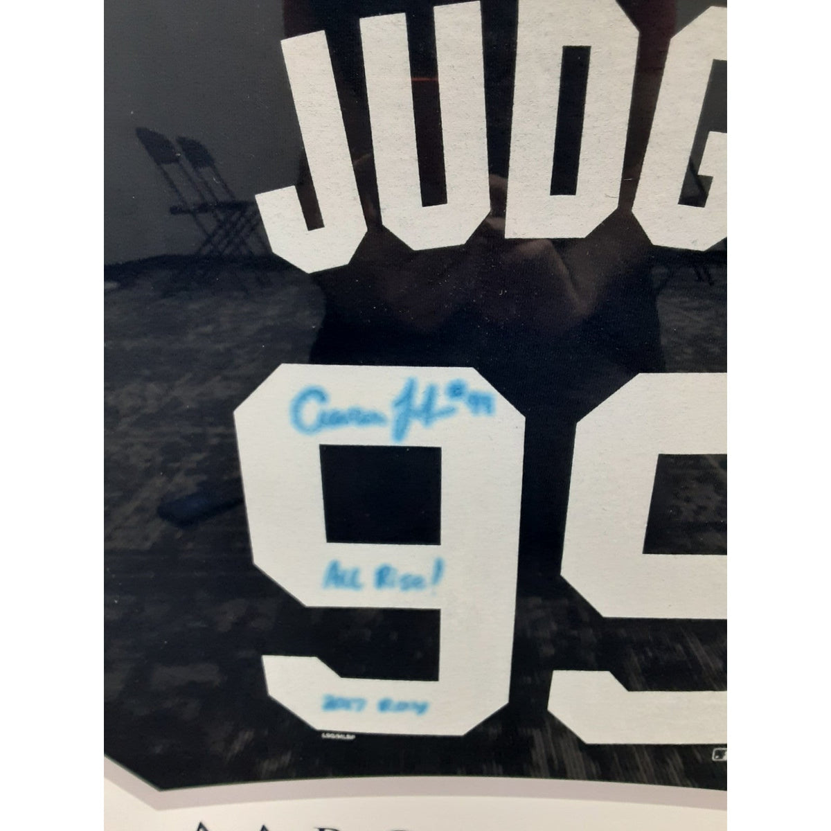 Framed Autographed 27x39 Aaron Judge Jersey With COA