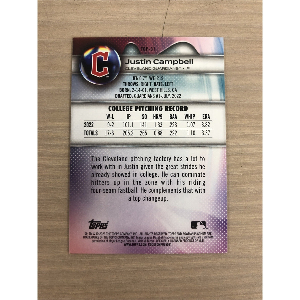2023 Topps Bowman Platinum Justin Campbell Red /10