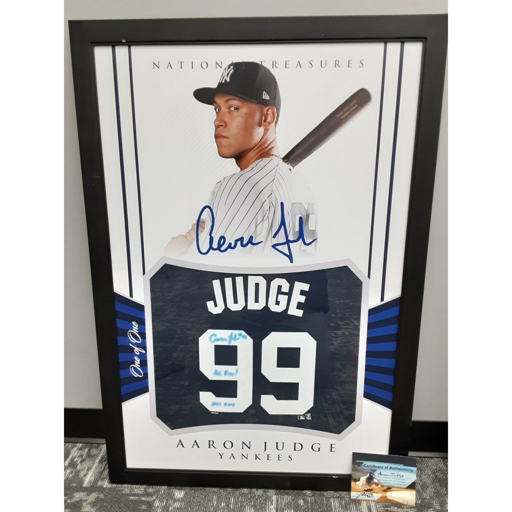 Framed Autographed 27x39 Aaron Judge Jersey With COA