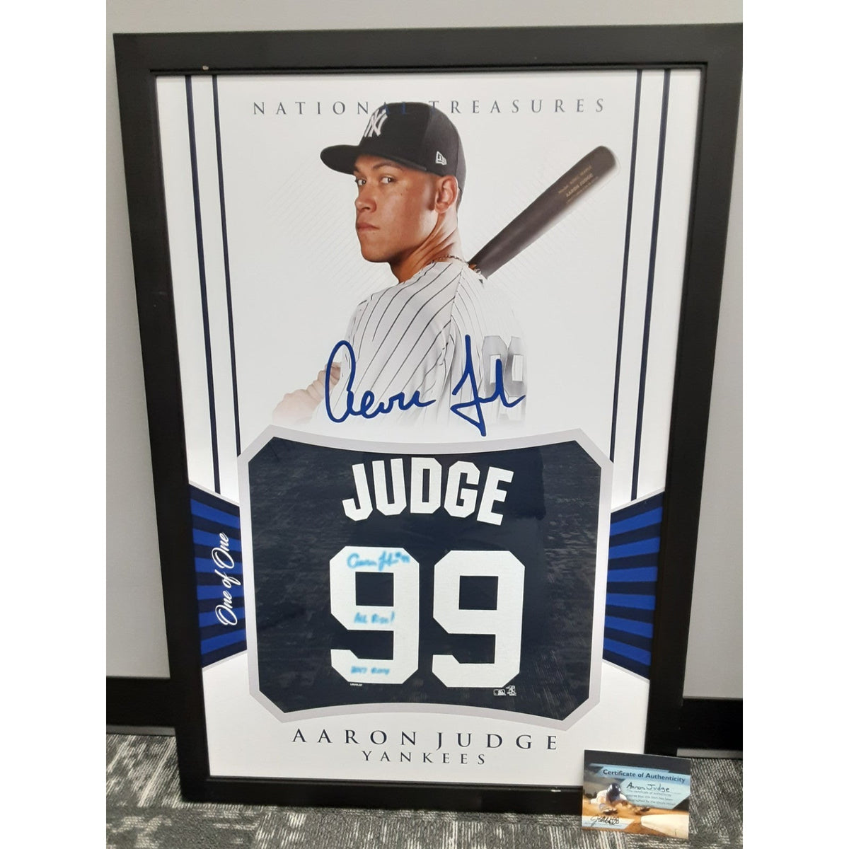 Framed Autographed 27x39 Aaron Judge Jersey With COA