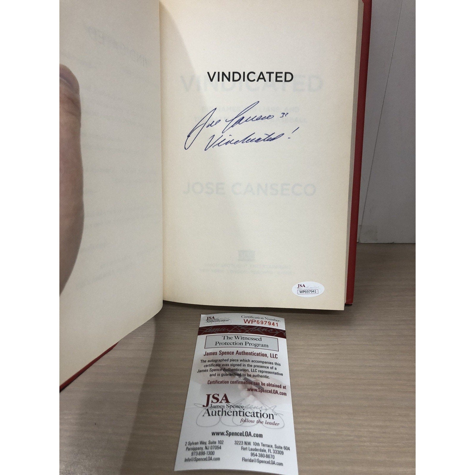 Jose Canseco VINDICATED Autographed Signed Book Baseball “Vindicated” JSA