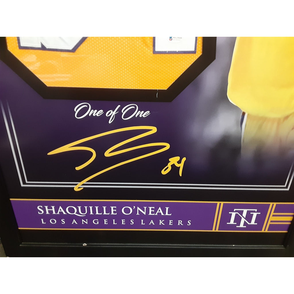 Framed Autographed/Signed Shaquille Shaq O'Neal 27x39 LA Yellow Jersey Beckett