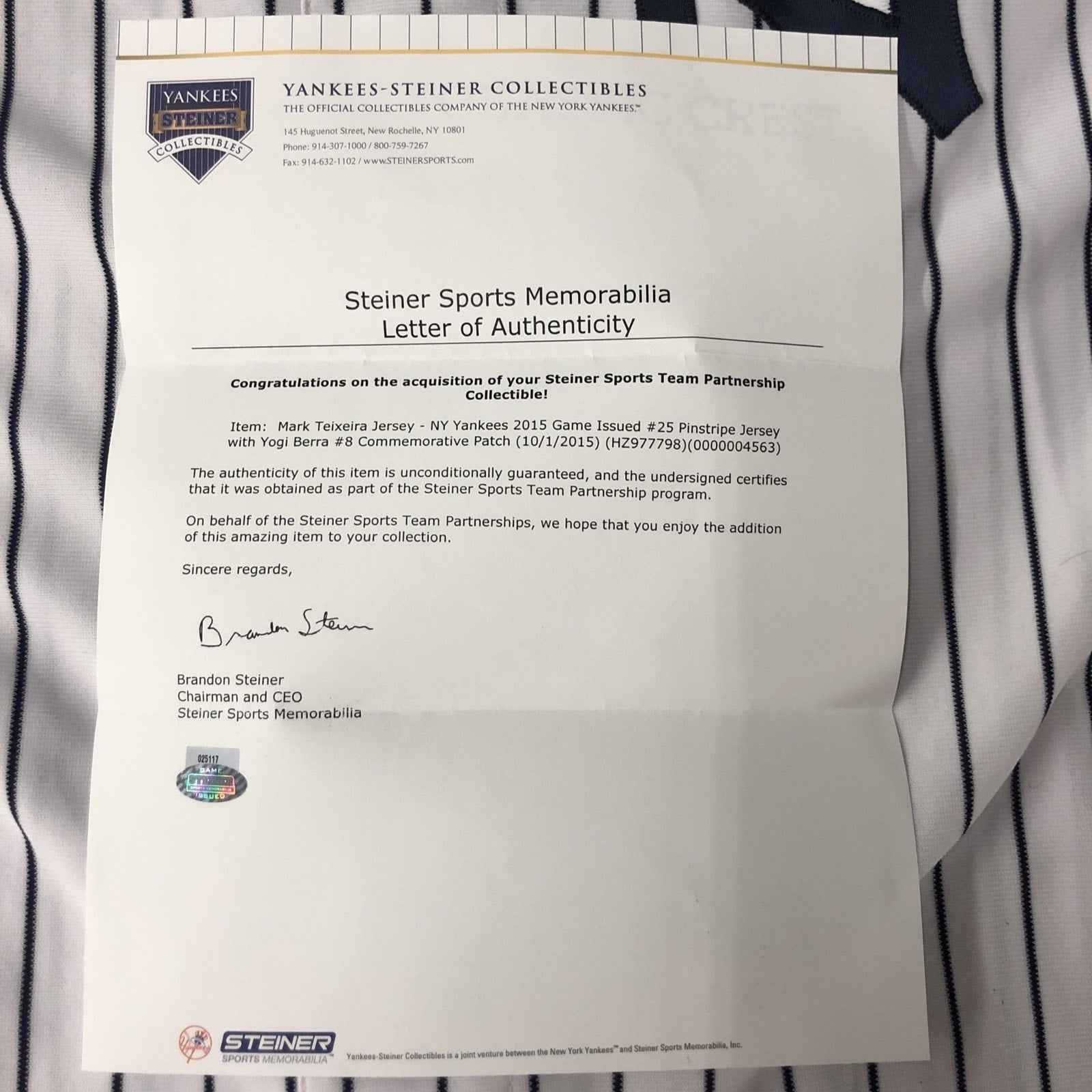 Mark Teixeira 2015 NY Yankees Game Issued Jersey Steiner COA Yogi Berra Patch 48