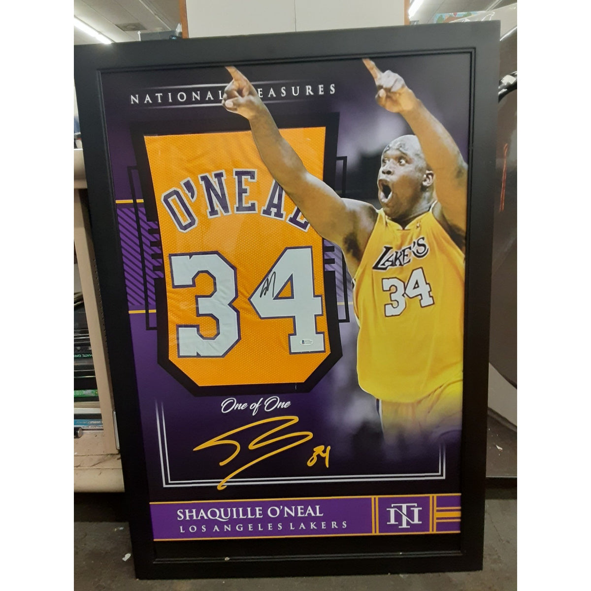 Framed Autographed/Signed Shaquille Shaq O'Neal 27x39 LA Yellow Jersey Beckett