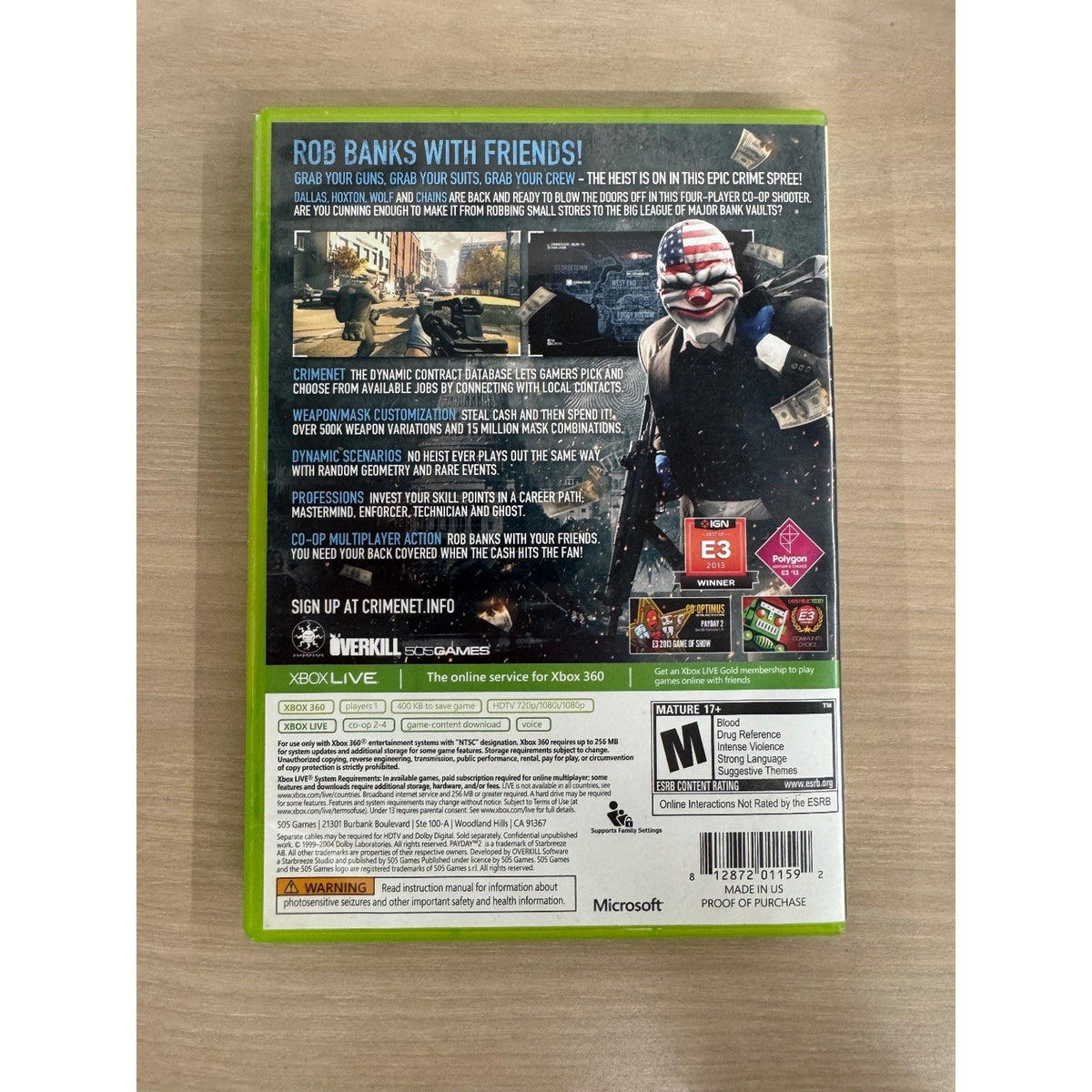 PAYDAY 2 Xbox 360 Video Game Co-Op Multiplayer NTSC Action Shooter