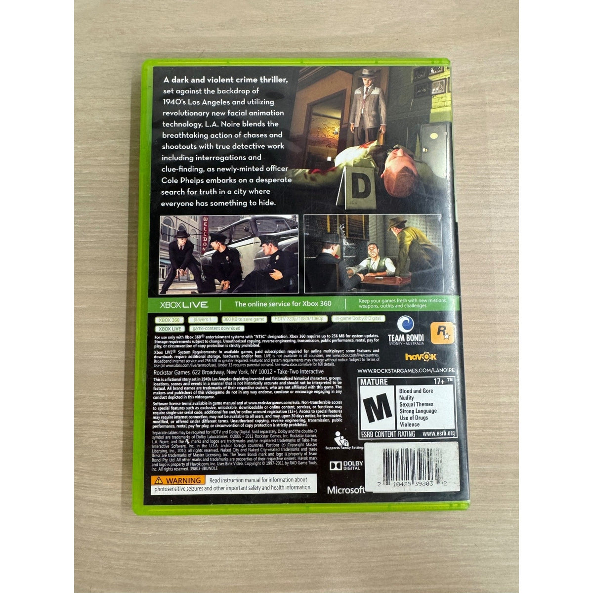 L.A. Noire Platinum Hits Xbox 360 Video Game Detective Crime Thriller